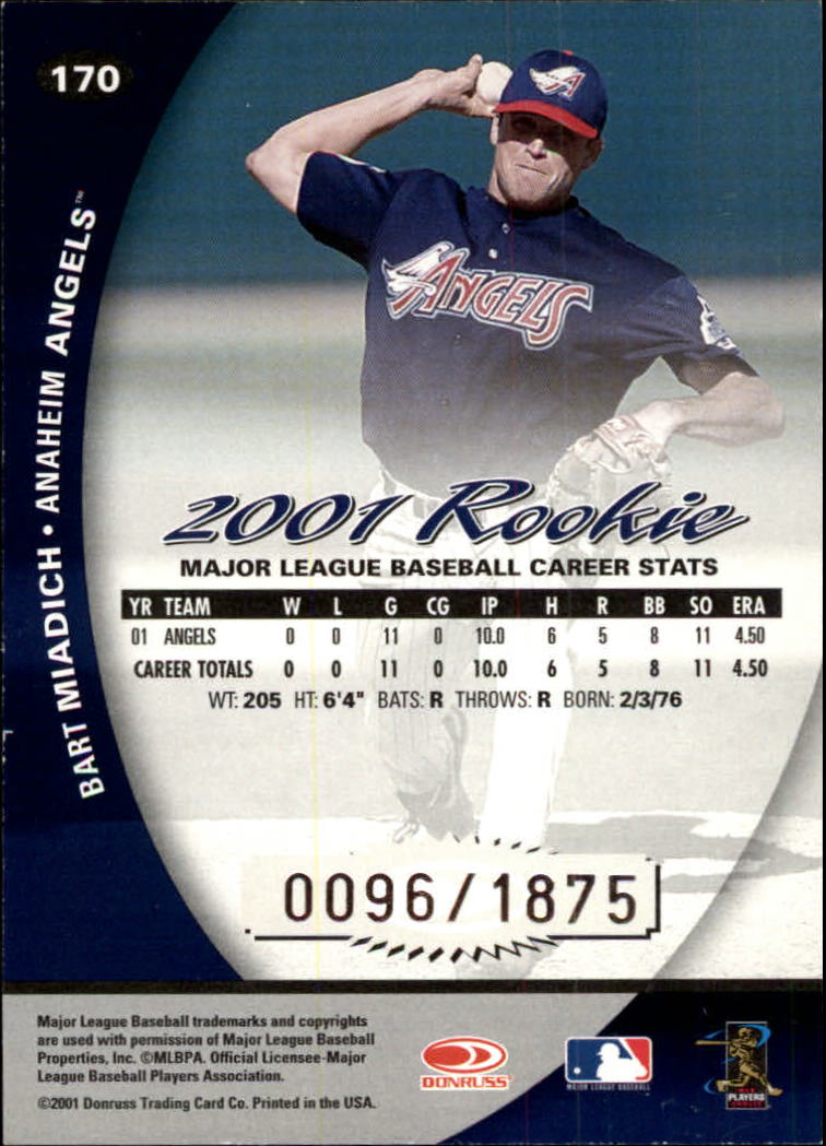 2001 Donruss Class of 2001 #170 Bart Miadich/1875 RC back image