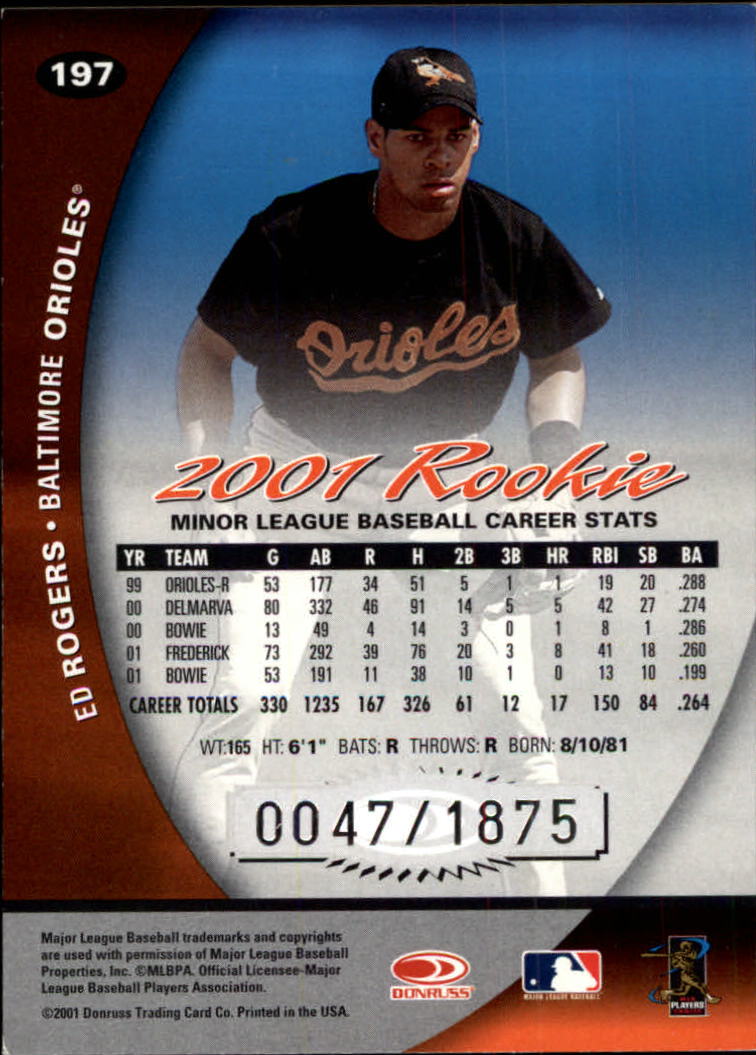 2001 Donruss Class of 2001 #197 Ed Rogers/1875 RC back image