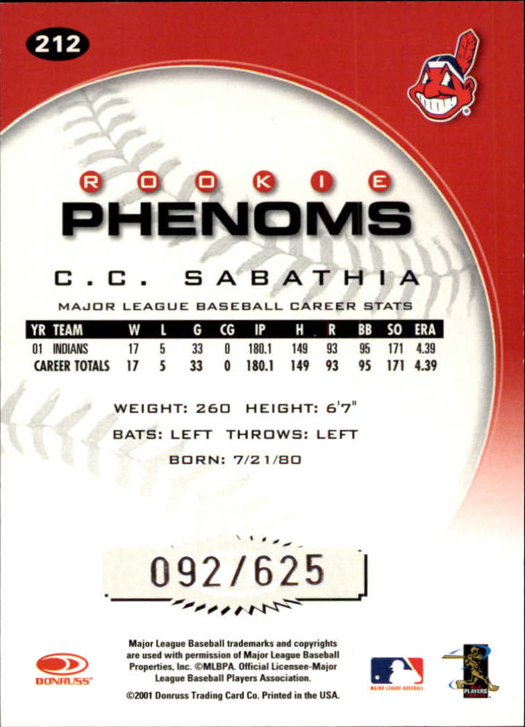 2001 Donruss Class of 2001 #212 C.C. Sabathia PH/600* back image
