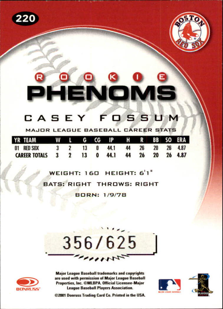 2001 Donruss Class of 2001 #220 Casey Fossum PH/425* RC back image