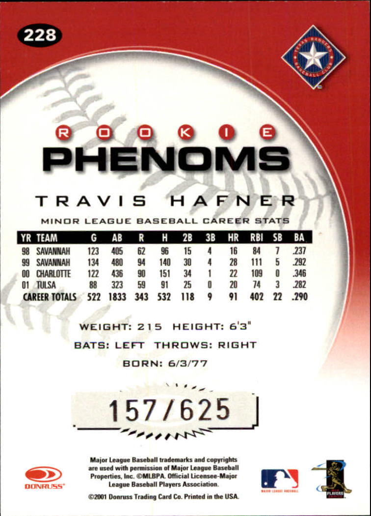2001 Donruss Class of 2001 #228 Travis Hafner PH/625 RC back image
