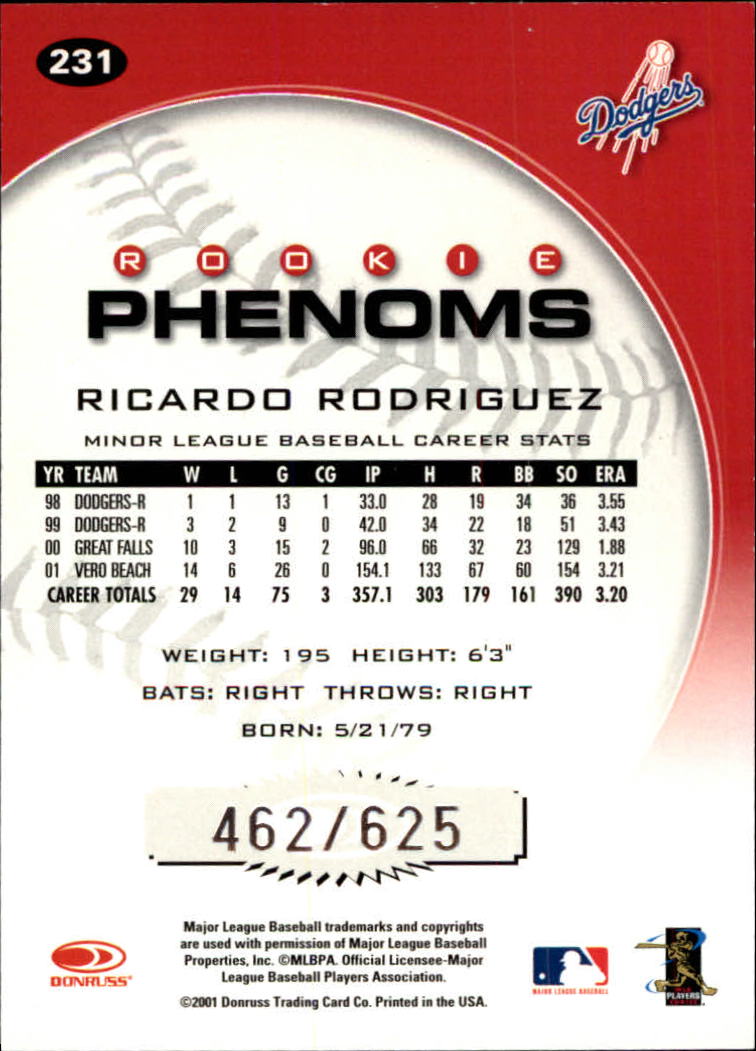 2001 Donruss Class of 2001 #231 Ric Rodriguez PH/425* RC back image