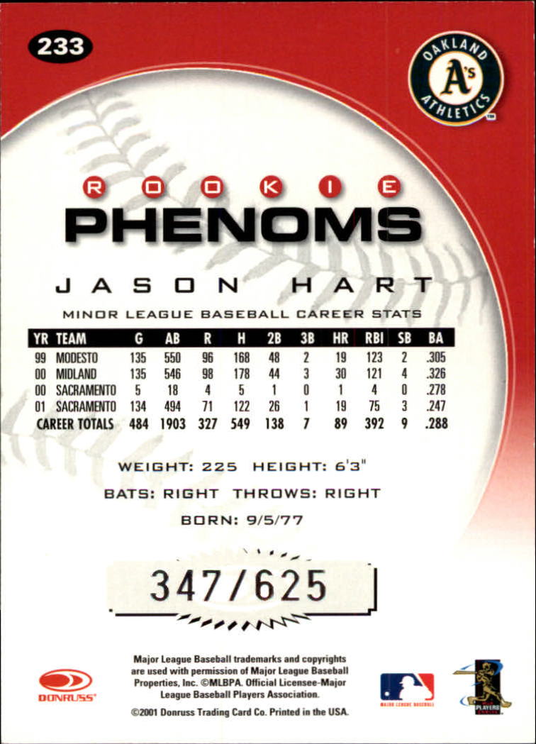 2001 Donruss Class of 2001 #233 Jason Hart PH/525* back image