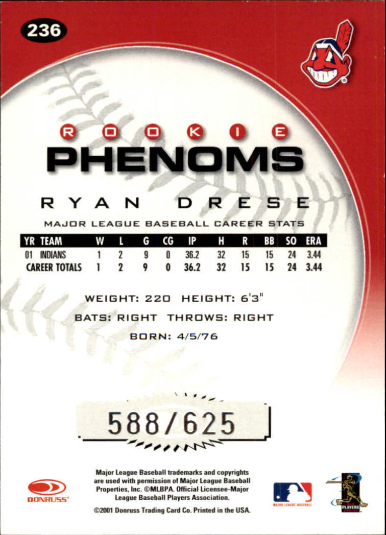 2001 Donruss Class of 2001 #236 Ryan Drese PH/625 RC back image