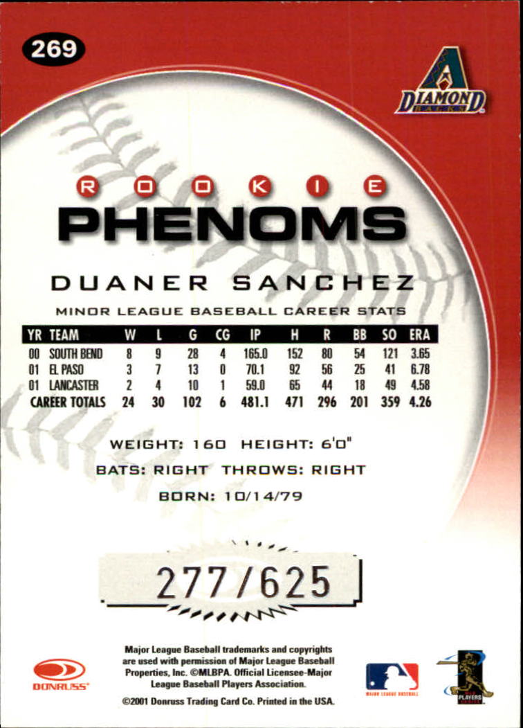 2001 Donruss Class of 2001 #269 Duaner Sanchez PH/425* RC back image
