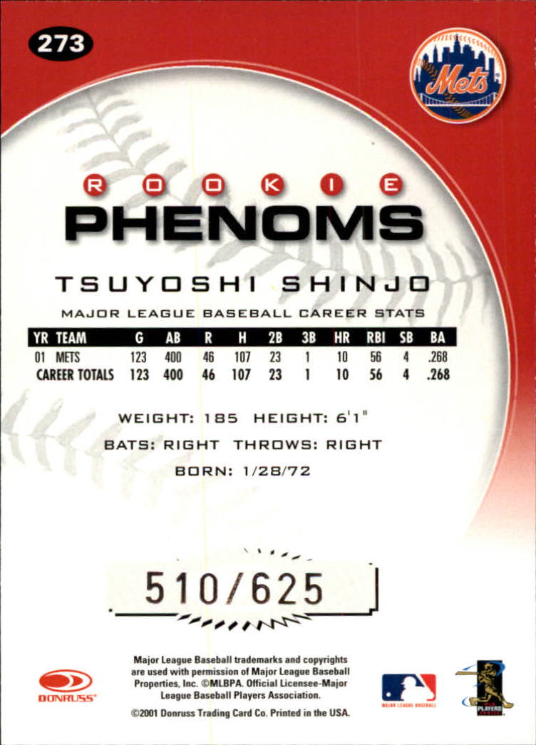 2001 Donruss Class of 2001 #273 Tsuyoshi Shinjo PH/625 RC back image