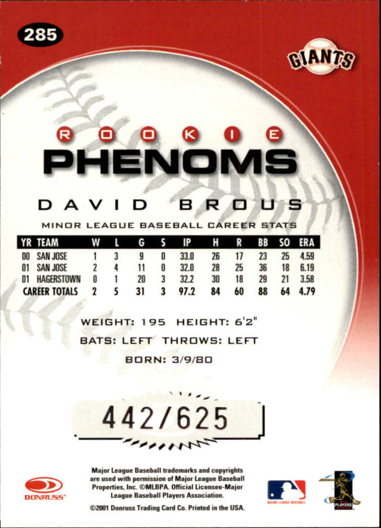 2001 Donruss Class of 2001 #285 David Brous PH/425* RC back image