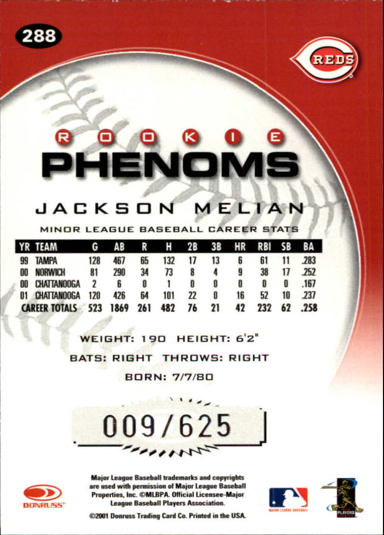 2001 Donruss Class of 2001 #288 Jackson Melian PH/625 RC back image