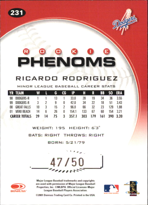 2001 Donruss Class of 2001 First Class #231 Ricardo Rodriguez PH back image