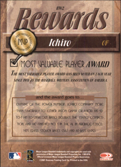2001 Donruss Class of 2001 Rewards #RW2 Ichiro Suzuki MVP back image