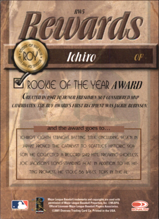 2001 Donruss Class of 2001 Rewards #RW5 Ichiro Suzuki ROY back image