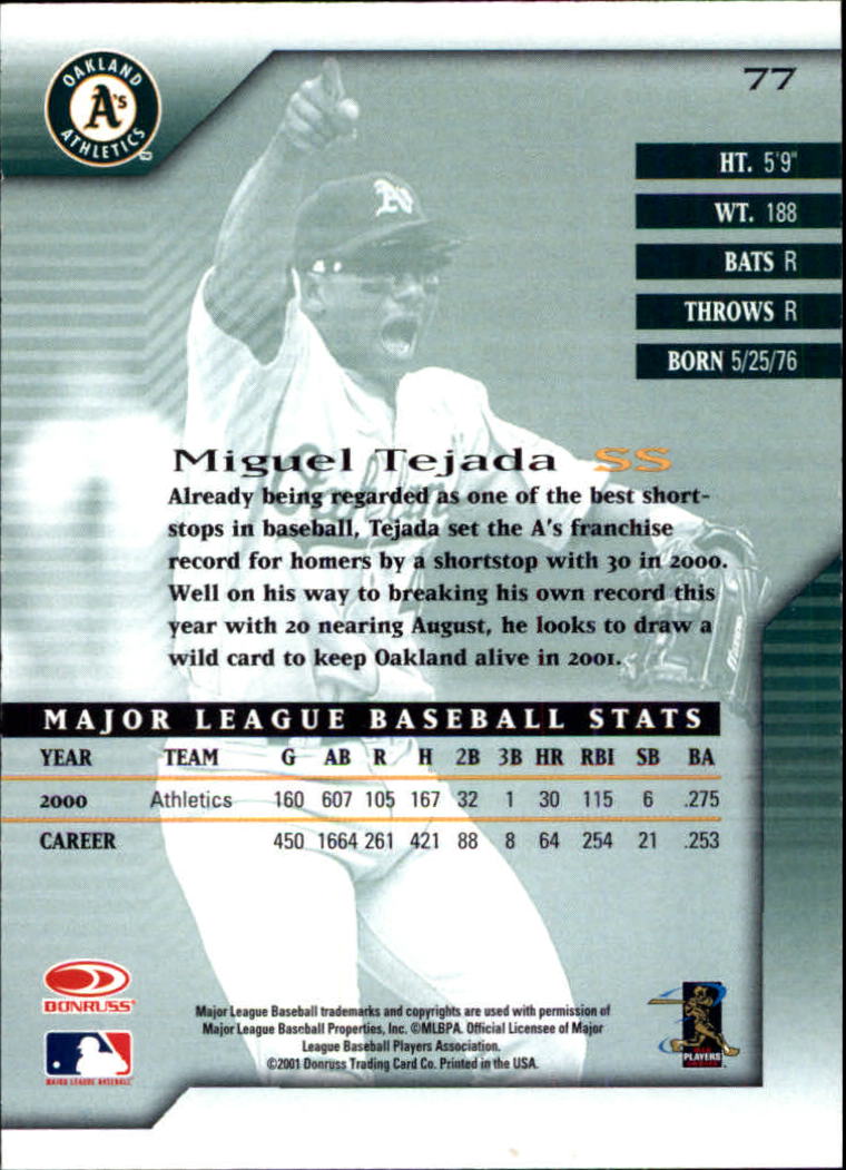 2001 Donruss Signature #77 Miguel Tejada back image