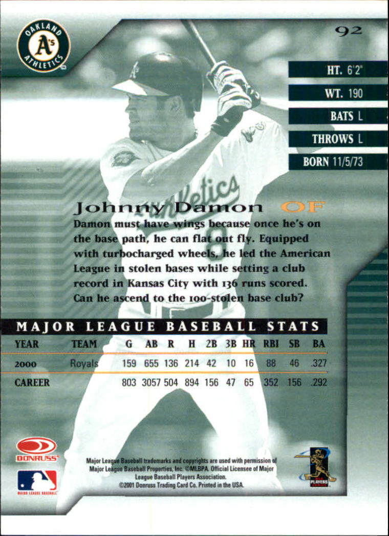2001 Donruss Signature #92 Johnny Damon back image