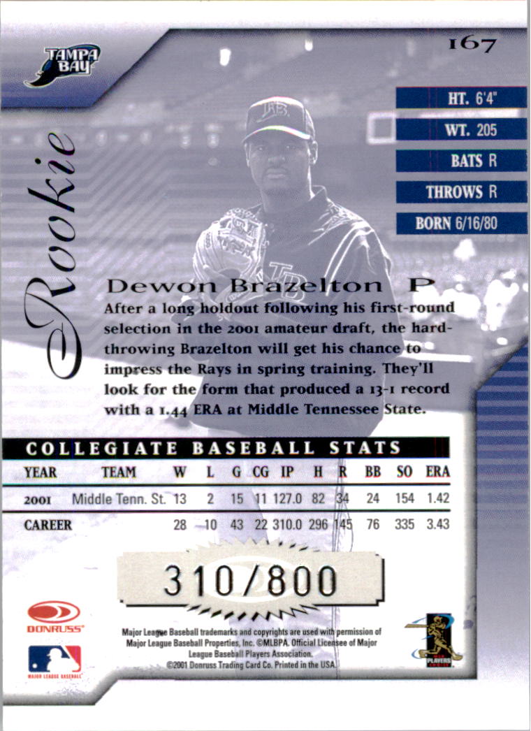 2001 Donruss Signature #167 Dewon Brazelton RC back image