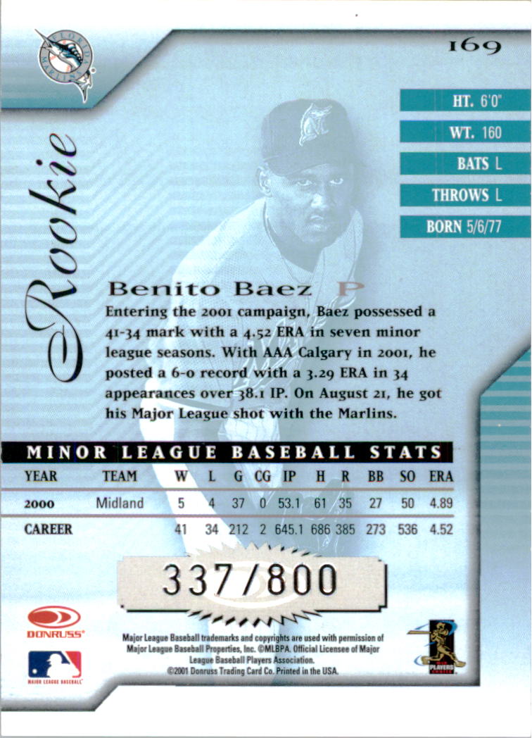 2001 Donruss Signature #169 Benito Baez RC back image