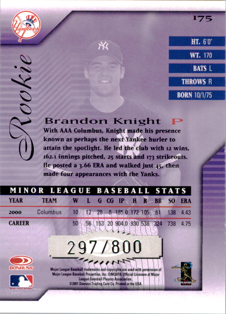 2001 Donruss Signature #175 Brandon Knight RC back image