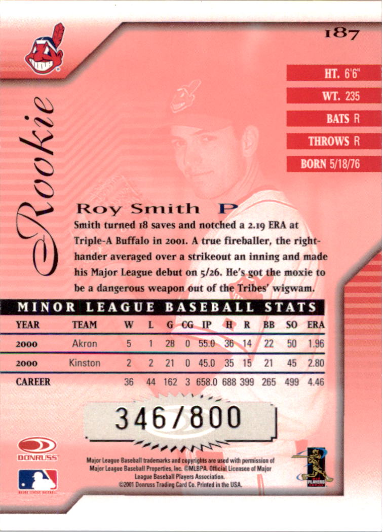 2001 Donruss Signature #187 Roy Smith RC back image