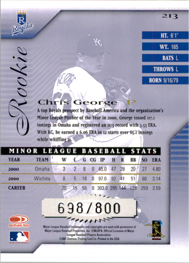 2001 Donruss Signature #213 Chris George back image
