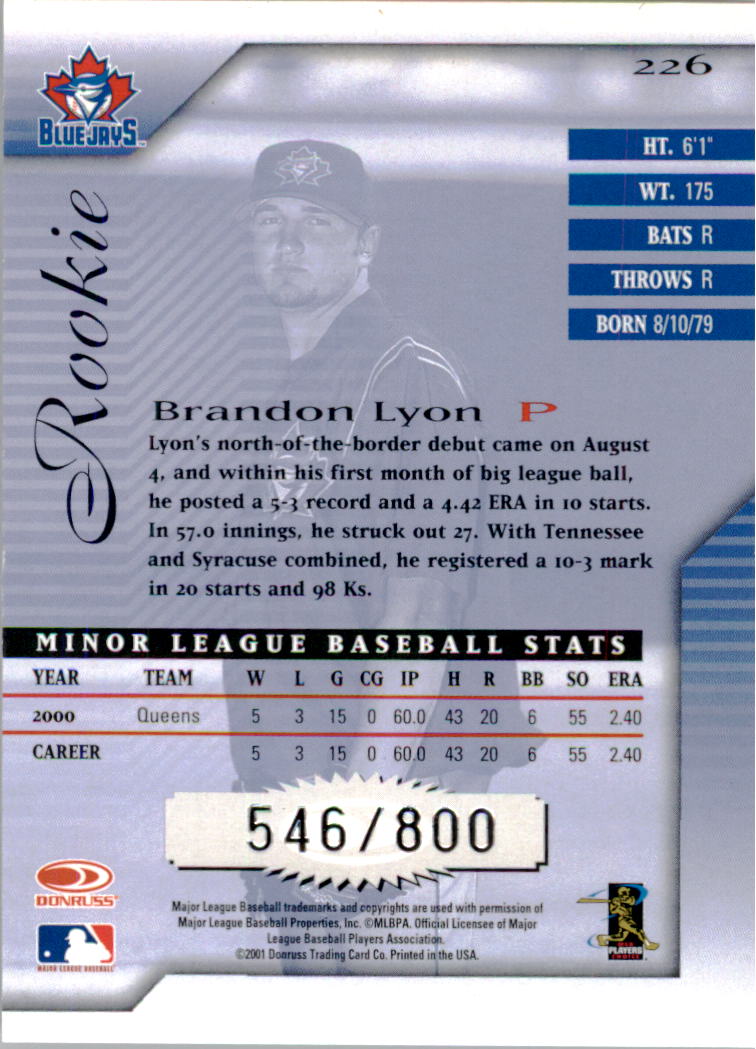 2001 Donruss Signature #226 Brandon Lyon RC back image