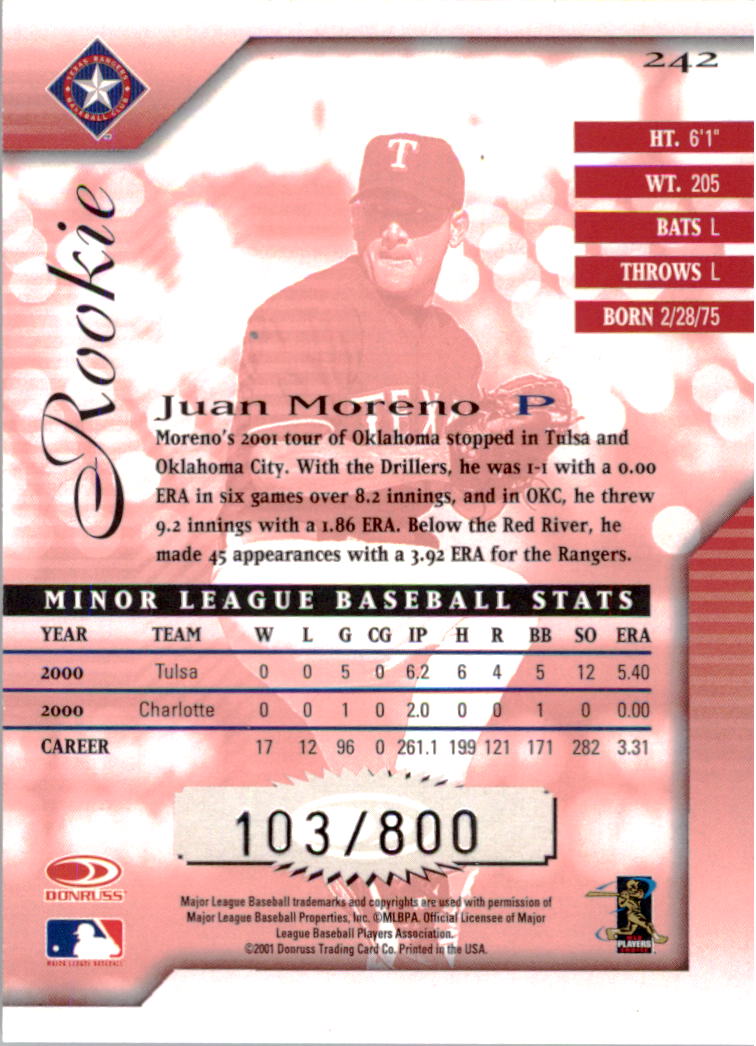 2001 Donruss Signature #242 Juan Moreno RC back image