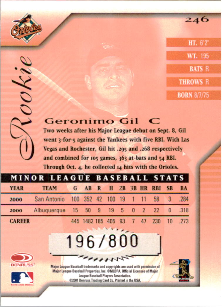 2001 Donruss Signature #246 Geronimo Gil RC back image