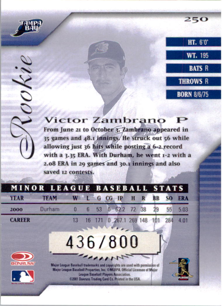2001 Donruss Signature #250 Victor Zambrano RC back image