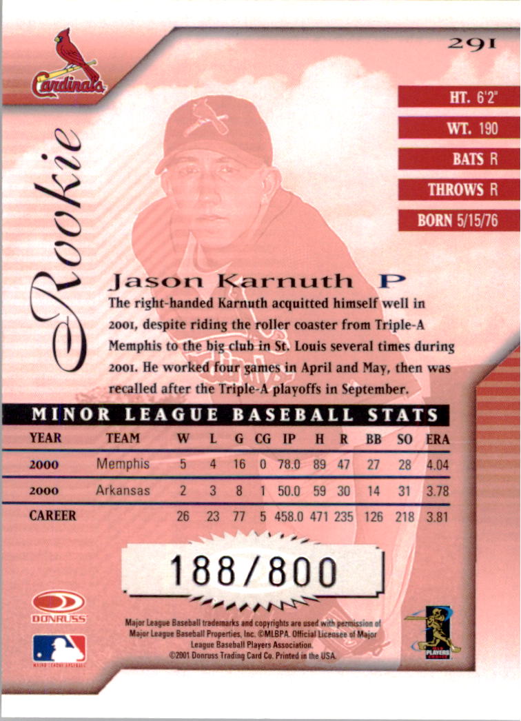 2001 Donruss Signature #291 Jason Karnuth RC back image