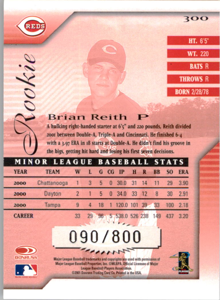 2001 Donruss Signature #300 Brian Reith RC back image