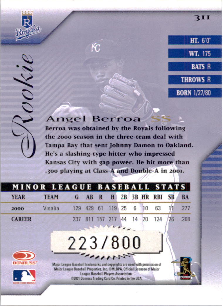 2001 Donruss Signature #311 Angel Berroa RC back image