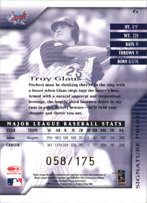 2001 Donruss Signature Proofs #6 Troy Glaus back image