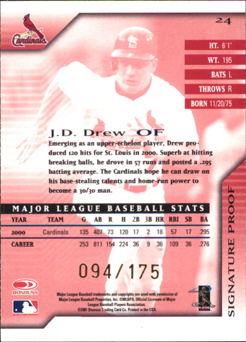 2001 Donruss Signature Proofs #24 J.D. Drew back image