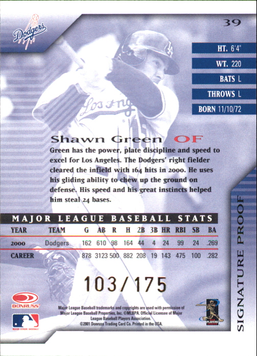 2001 Donruss Signature Proofs #39 Shawn Green back image