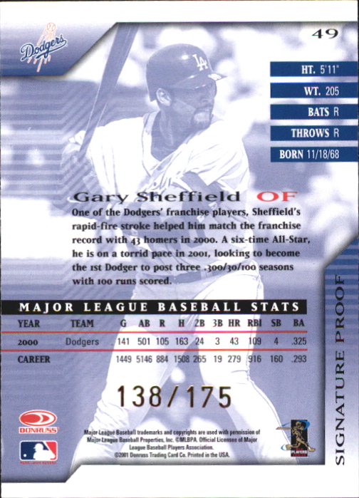2001 Donruss Signature Proofs #49 Gary Sheffield back image