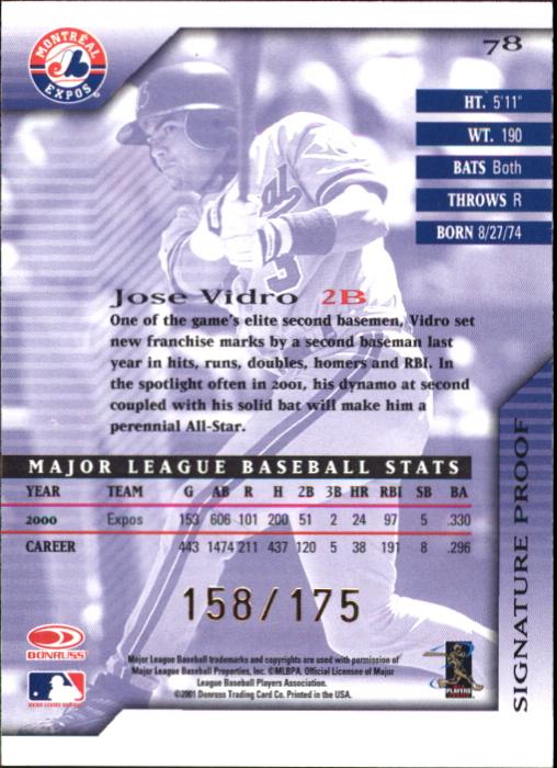 2001 Donruss Signature Proofs #78 Jose Vidro back image