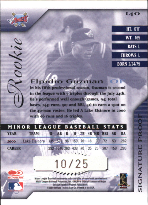 2001 Donruss Signature Proofs #140 Elpidio Guzman AU back image