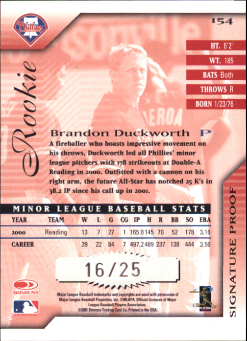 2001 Donruss Signature Proofs #154 Brandon Duckworth AU back image
