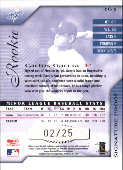 2001 Donruss Signature Proofs #163 Carlos Garcia AU back image
