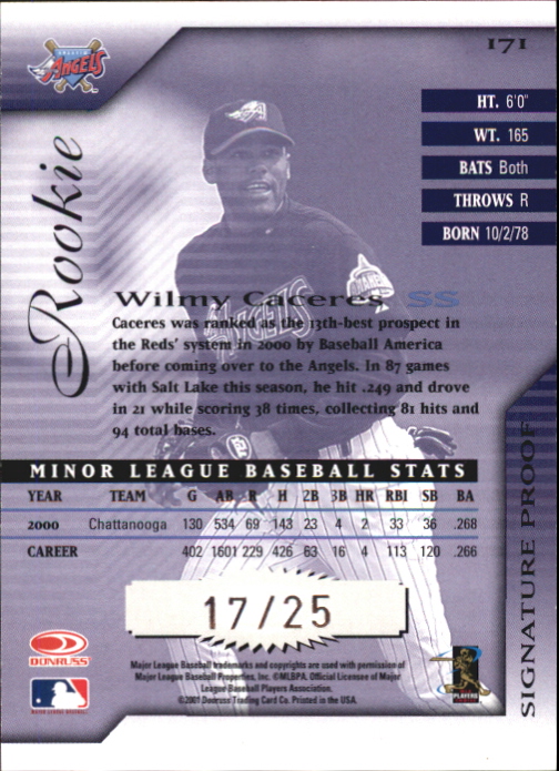 2001 Donruss Signature Proofs #171 Wilmy Caceres back image