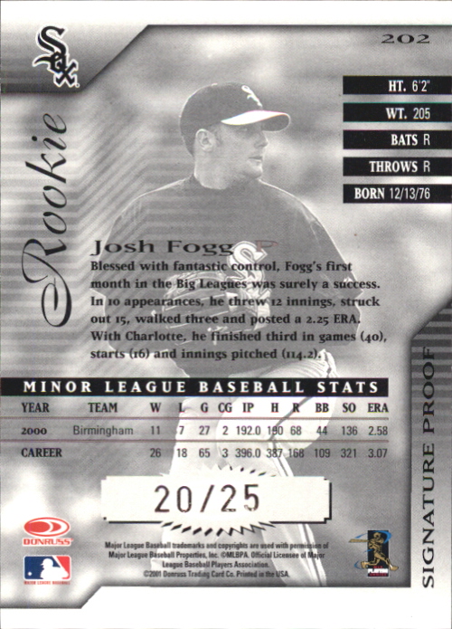 2001 Donruss Signature Proofs #202 Josh Fogg back image