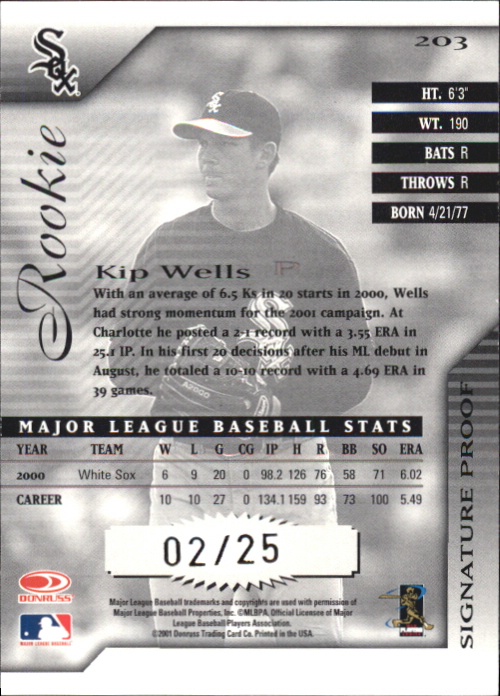2001 Donruss Signature Proofs #203 Kip Wells back image