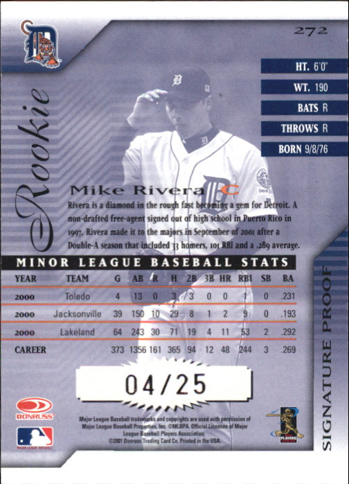 2001 Donruss Signature Proofs #272 Michael Rivera back image