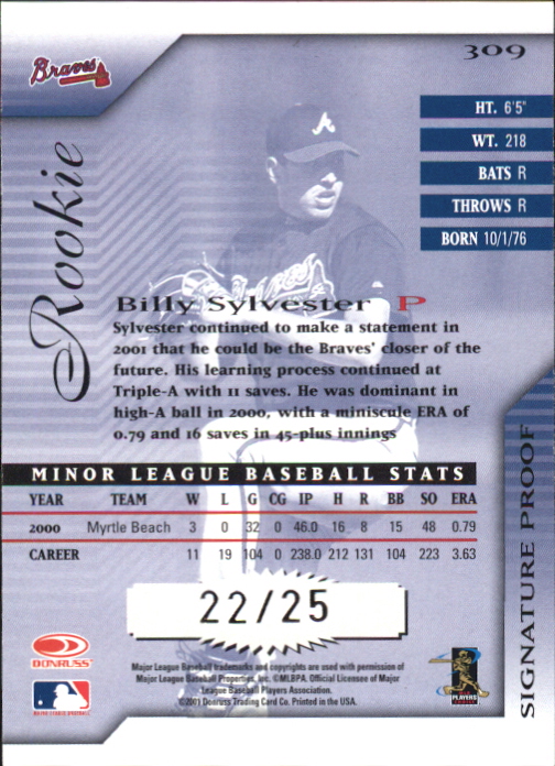 2001 Donruss Signature Proofs #309 Billy Sylvester back image