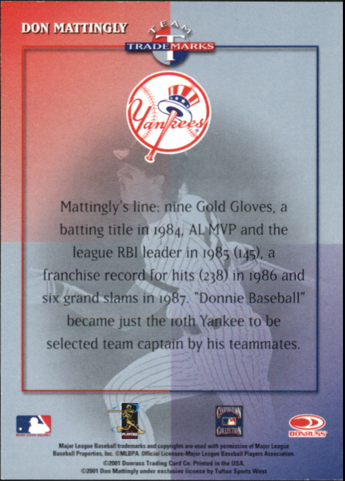 2001 Donruss Signature Team Trademarks Masters Series #27 Don Mattingly back image