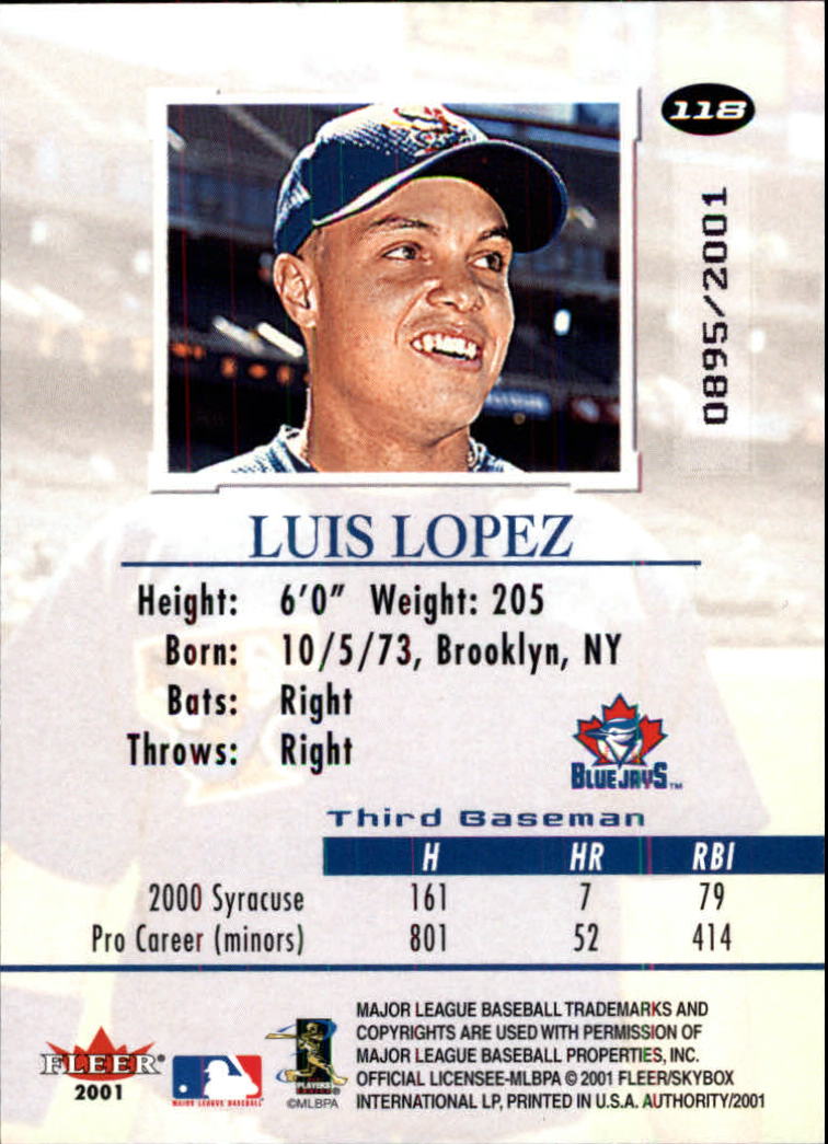 2001 Fleer Authority #118 Luis Lopez back image