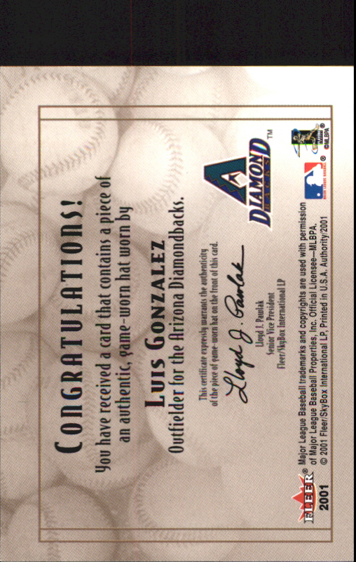 2001 Fleer Authority Diamond Cuts Memorabilia #27 Luis Gonzalez Hat/240 back image