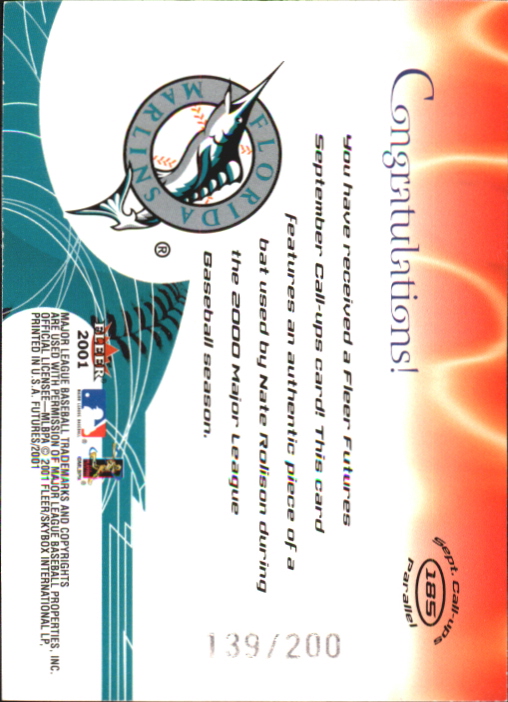 2001 Fleer Futures September Call-Ups Memorabilia #185 Nate Rolison Bat back image