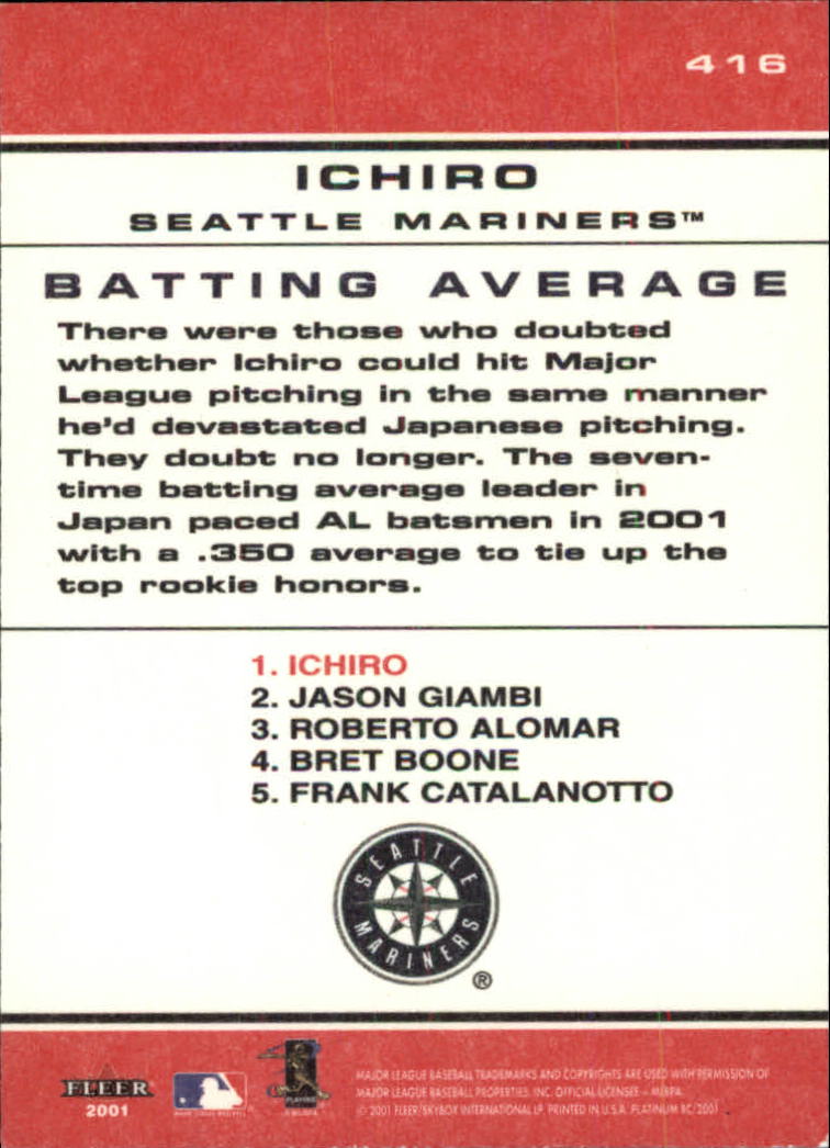 2001 Fleer Platinum #416 Ichiro Suzuki CT back image