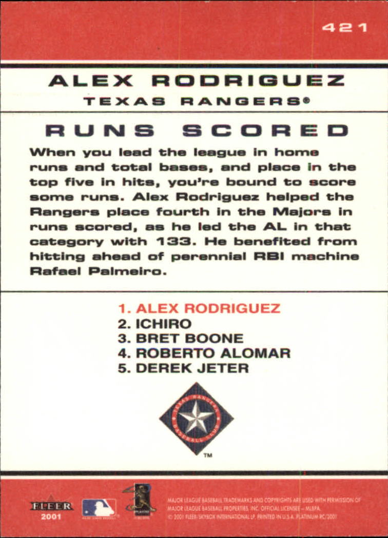 2001 Fleer Platinum #421 Alex Rodriguez CT back image