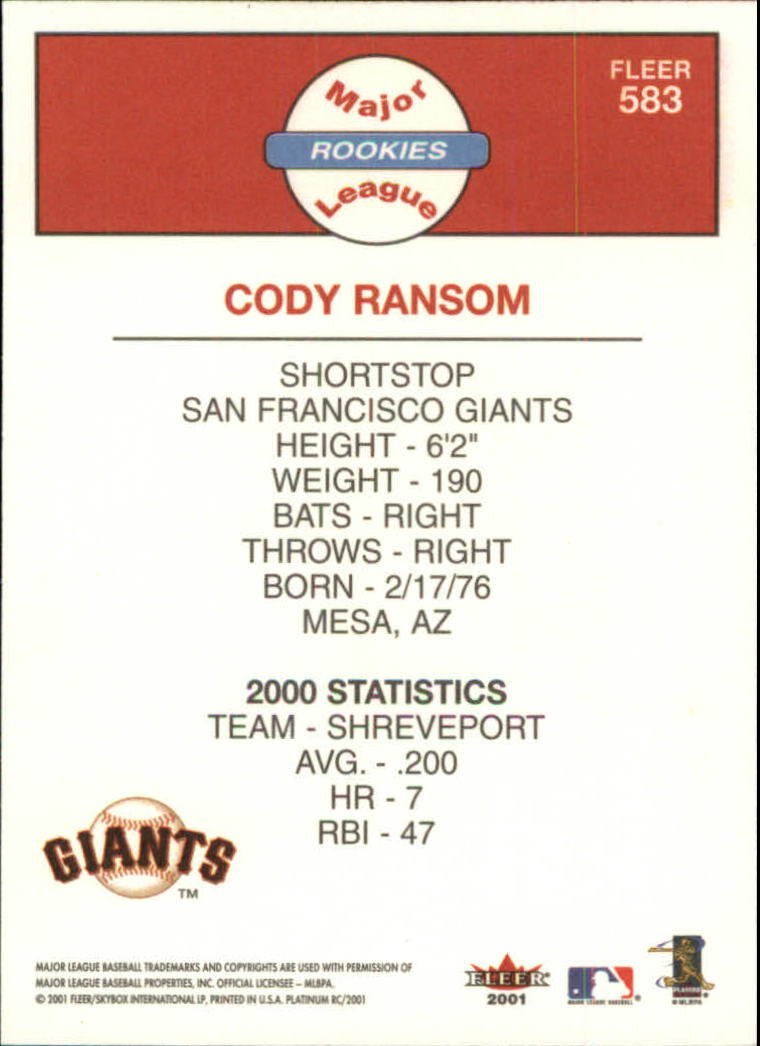 2001 Fleer Platinum #583 Cody Ransom RC back image