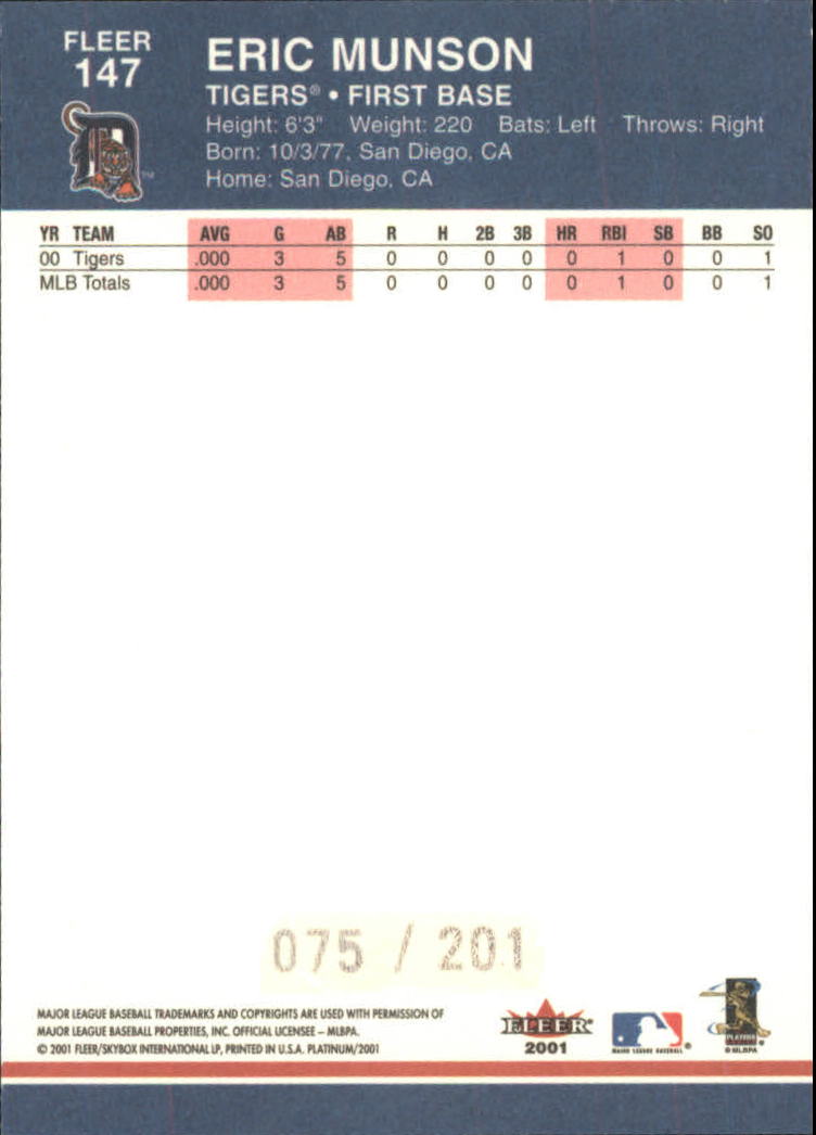 2001 Fleer Platinum Parallel #147 Eric Munson back image